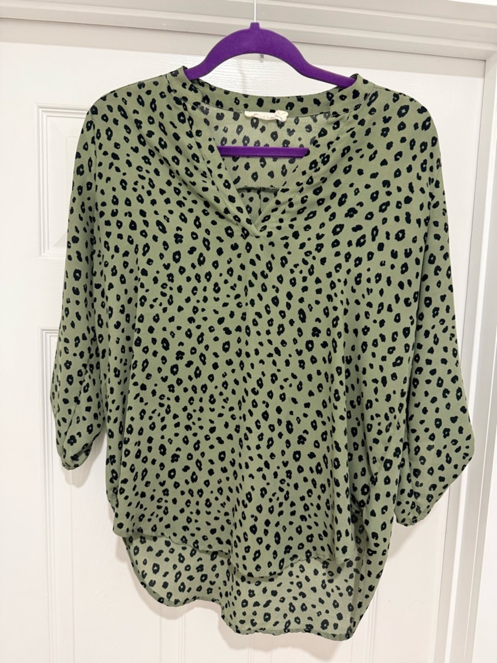 Olive Green Leopard Print V-Neck Women's Blouse